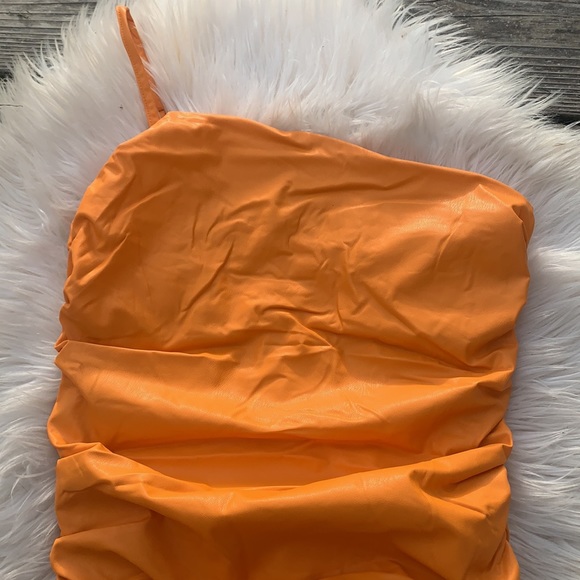 NWT Pleather Leather Vinyl Look One Shoulder Strapless Ruched Mini Dress - Picture 8 of 13